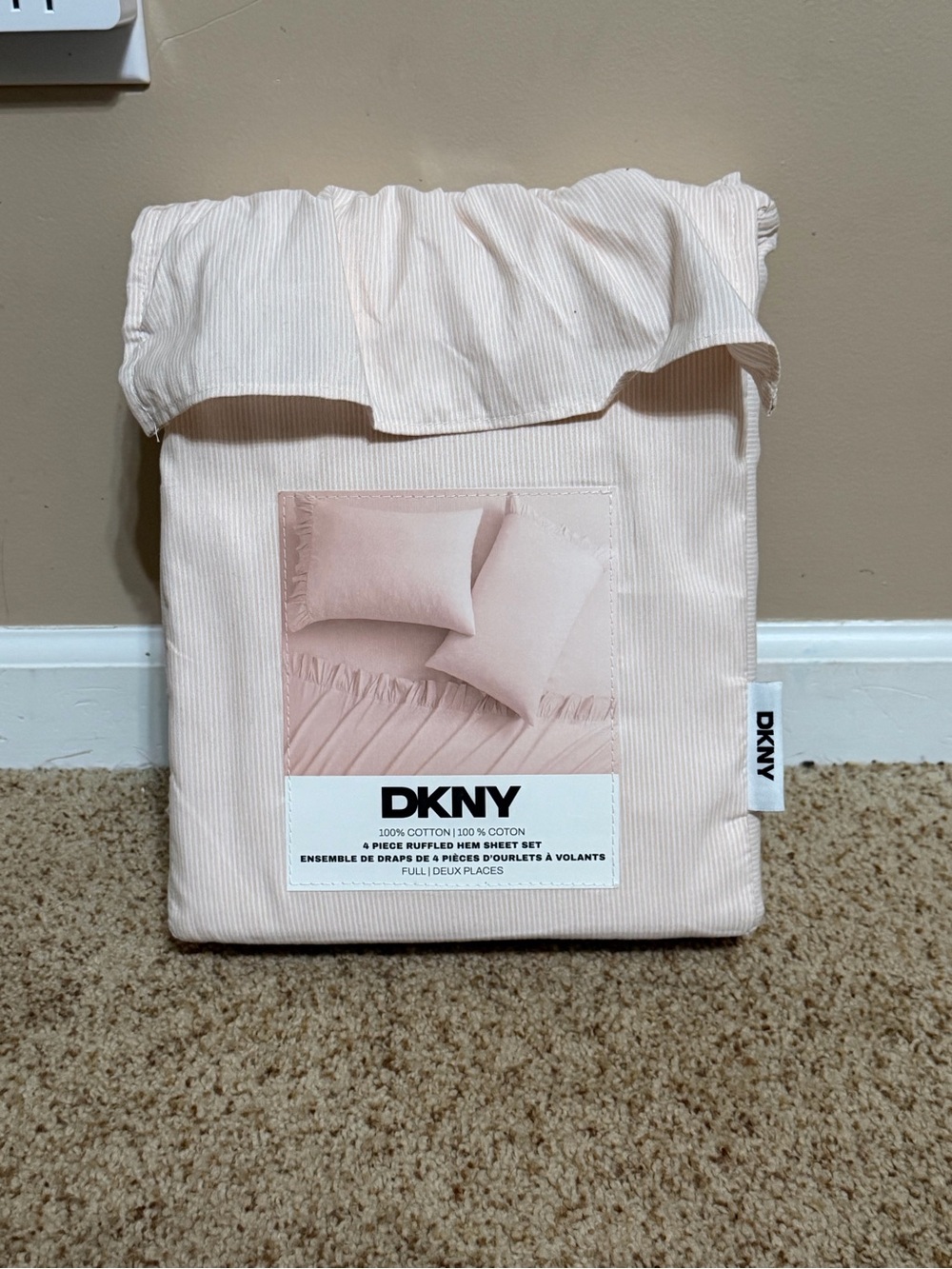 DKNY Blush Pink Ruffle Hem Cotton Sheet Set